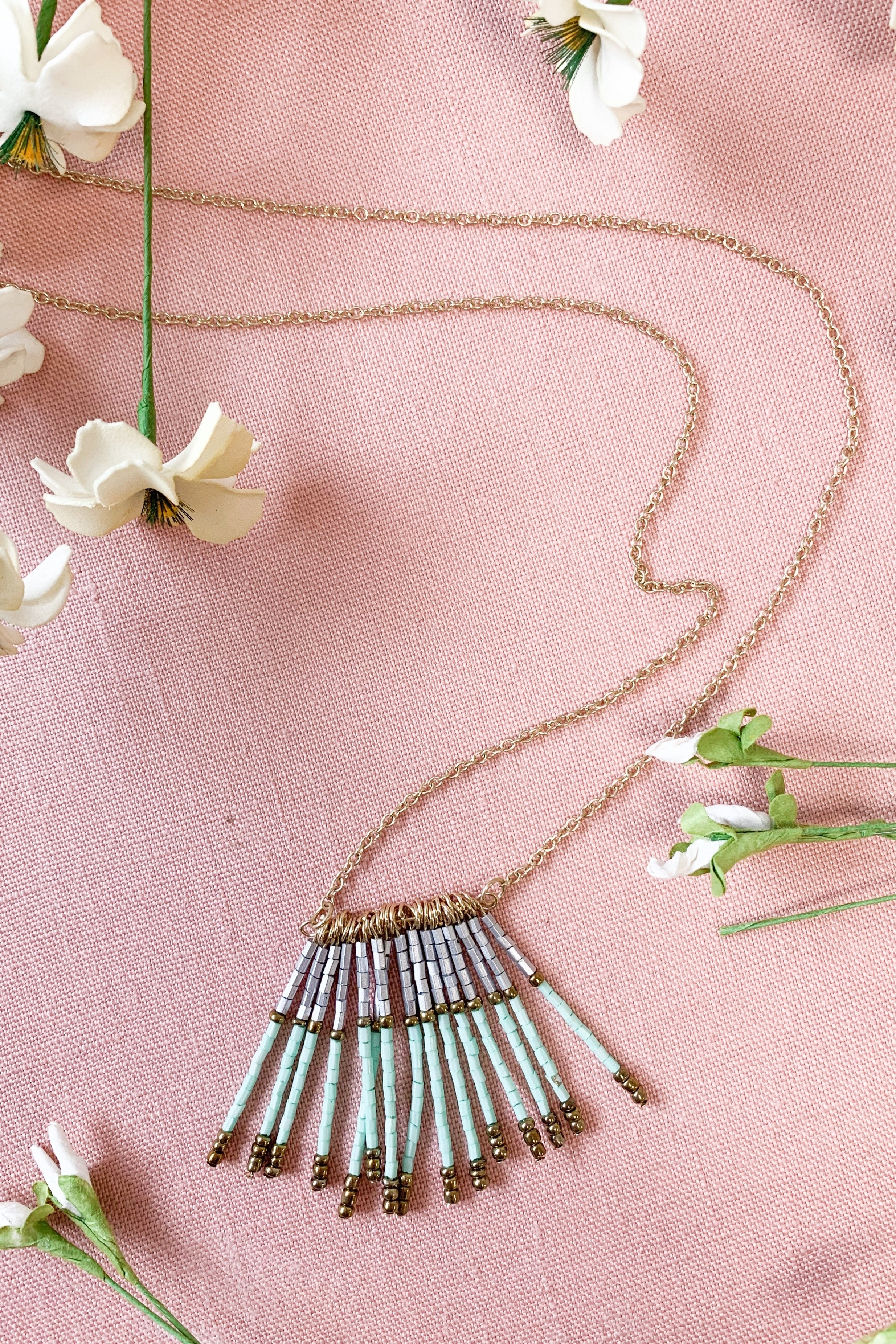 Long Gold Beaded Tassel Necklace- Mint - Image 3