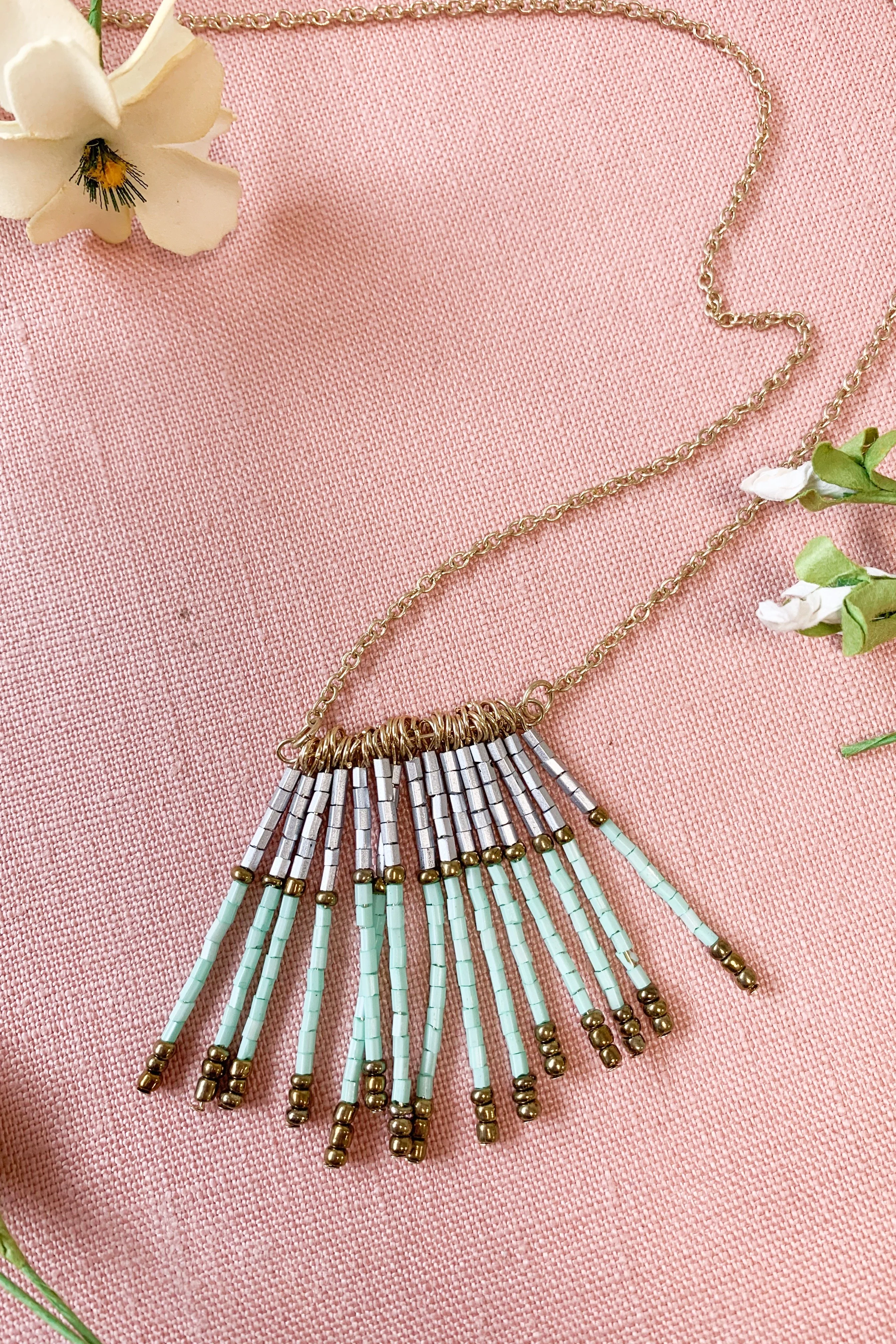 Long Gold Beaded Tassel Necklace- Mint - Image 4