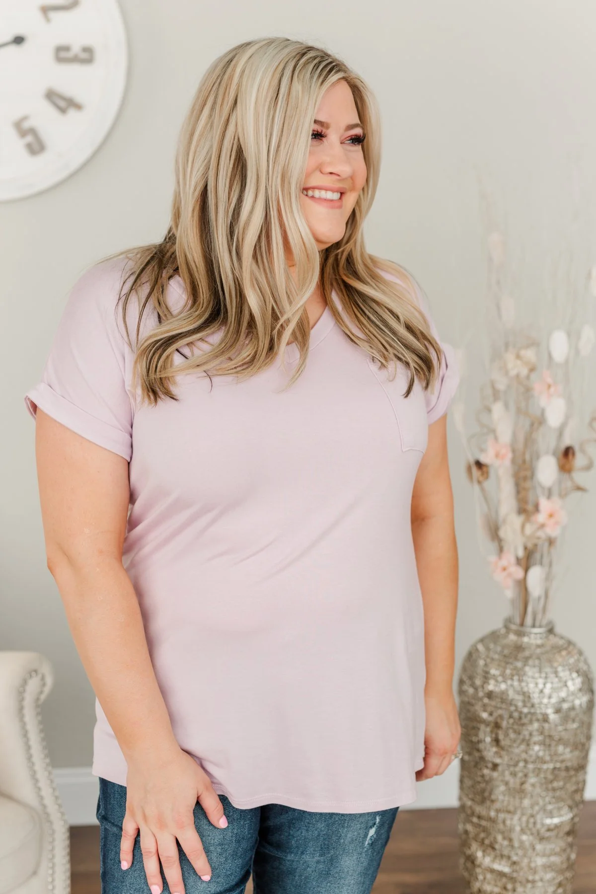On My Own V-Neck Pocket Top- Lilac - Image 10