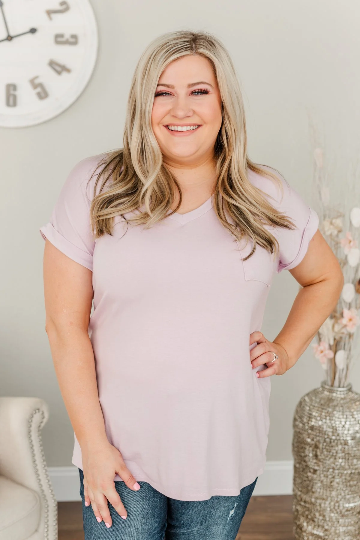 On My Own V-Neck Pocket Top- Lilac - Image 7