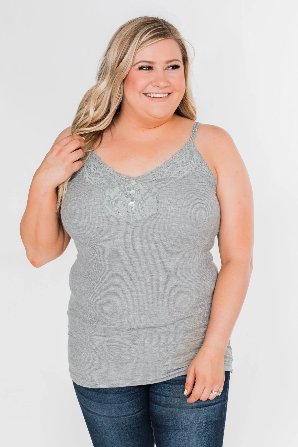 Pulse Basics Lace Trim Button Tank- Grey - Image 4