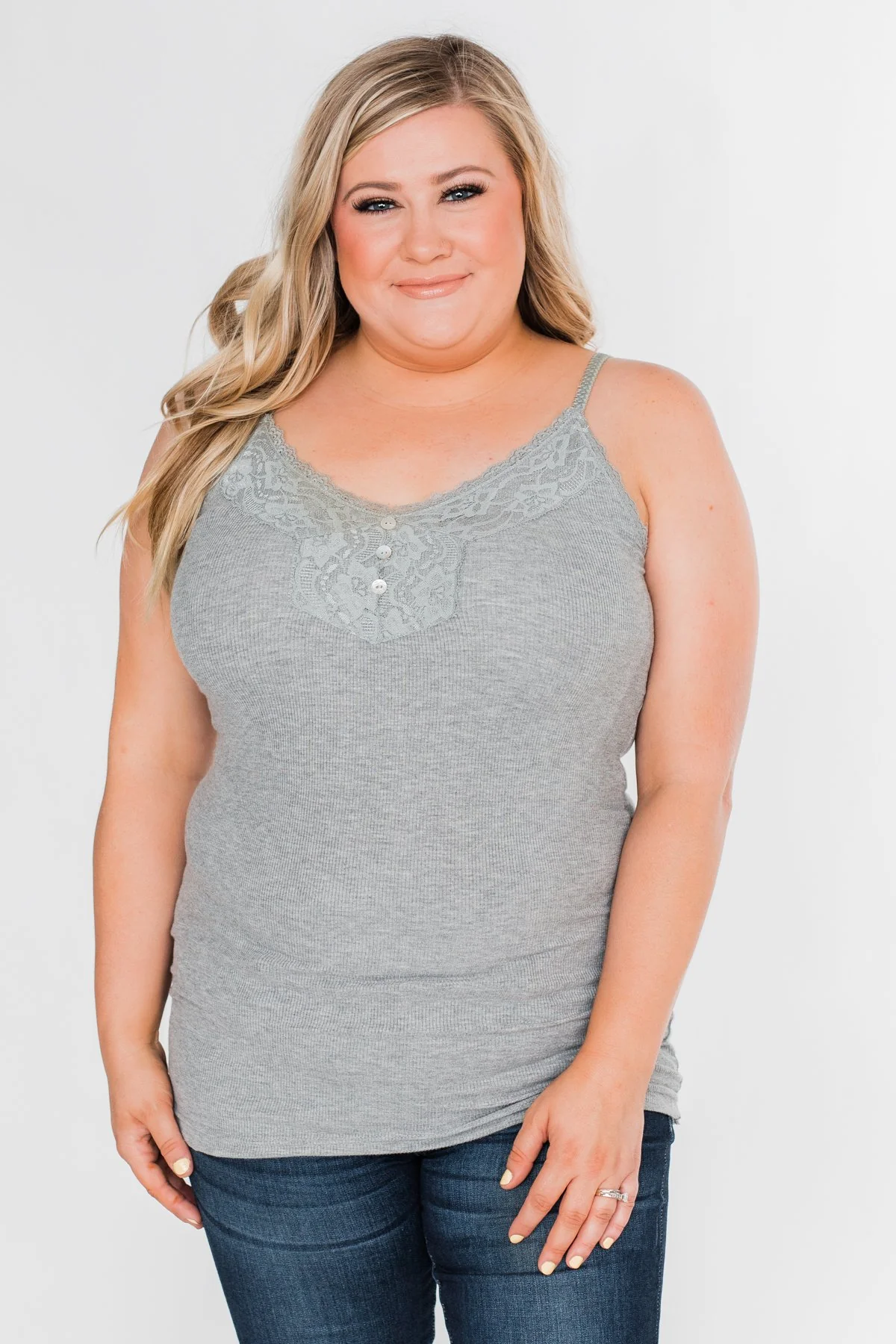 Pulse Basics Lace Trim Button Tank- Grey - Image 5