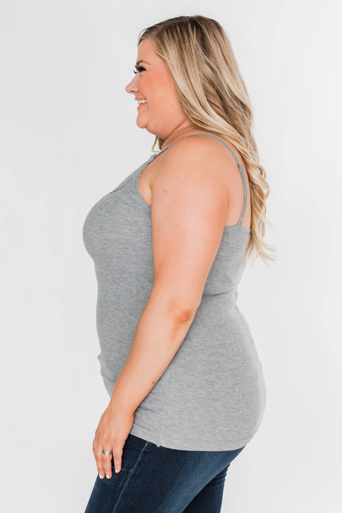 Pulse Basics Lace Trim Button Tank- Grey - Image 7