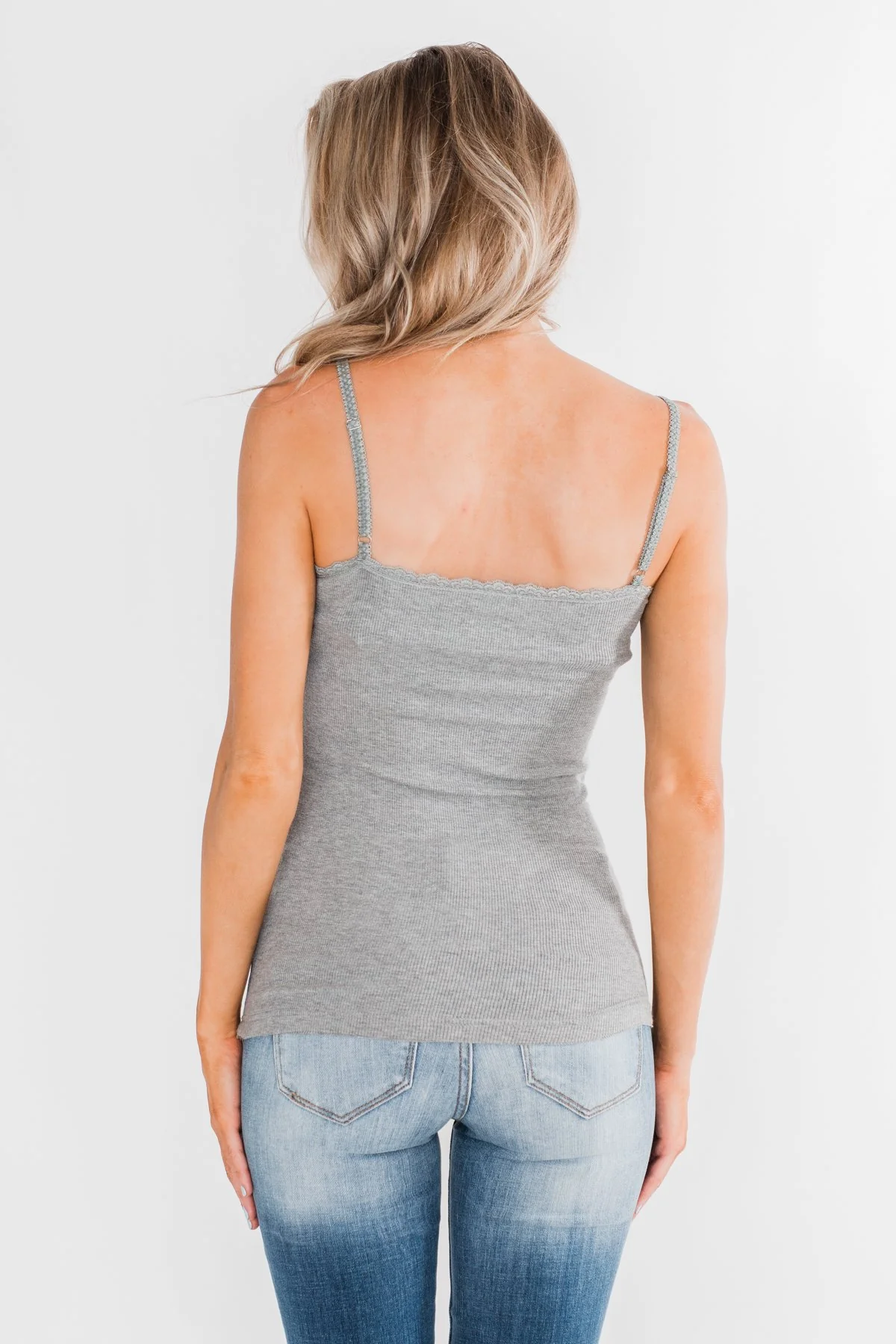 Pulse Basics Lace Trim Button Tank- Grey - Image 8
