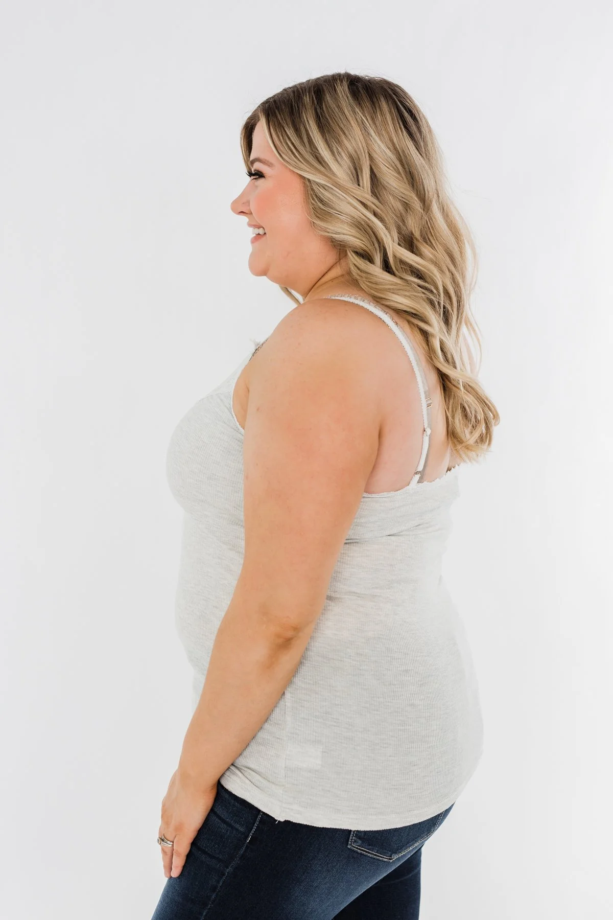 Pulse Basics Lace Trim Button Tank- Light Heather Grey - Image 10
