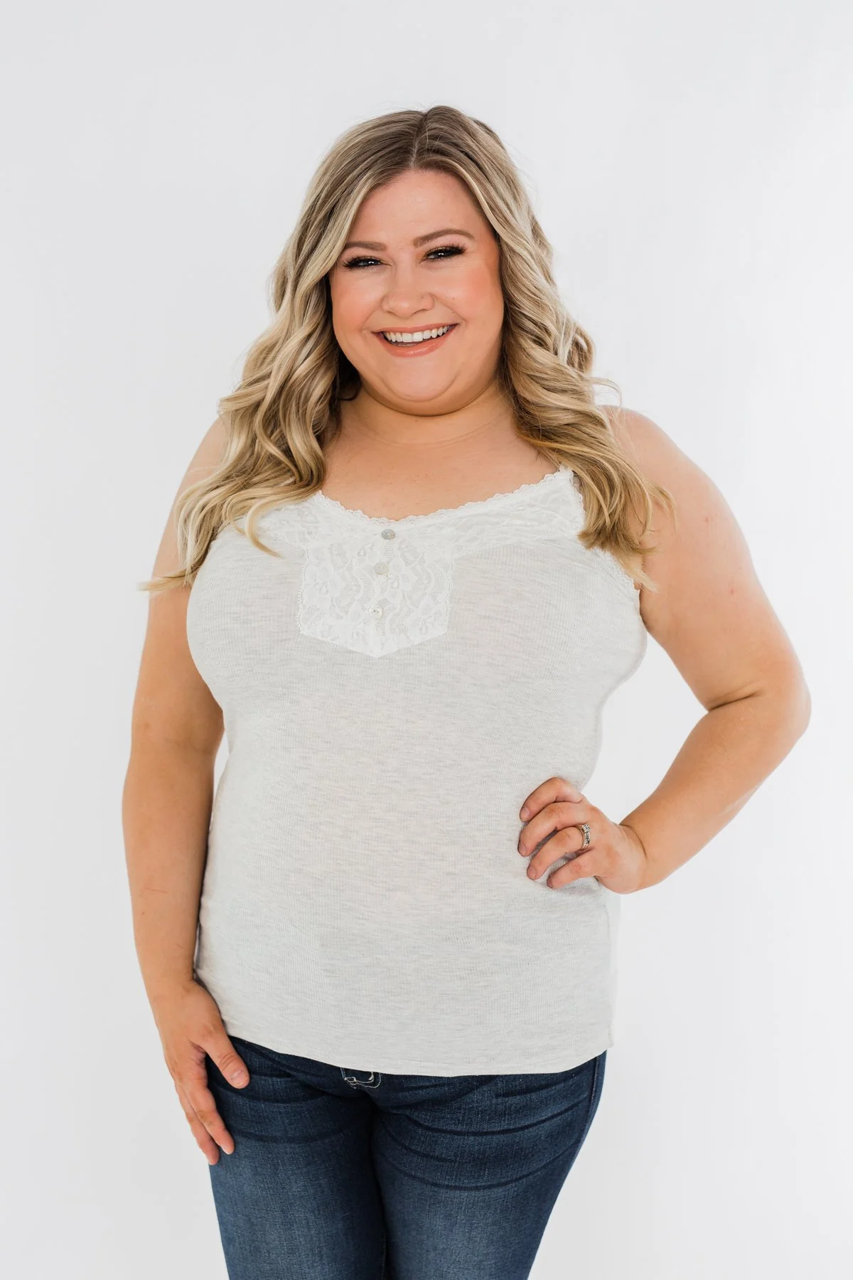 Pulse Basics Lace Trim Button Tank- Light Heather Grey - Image 4