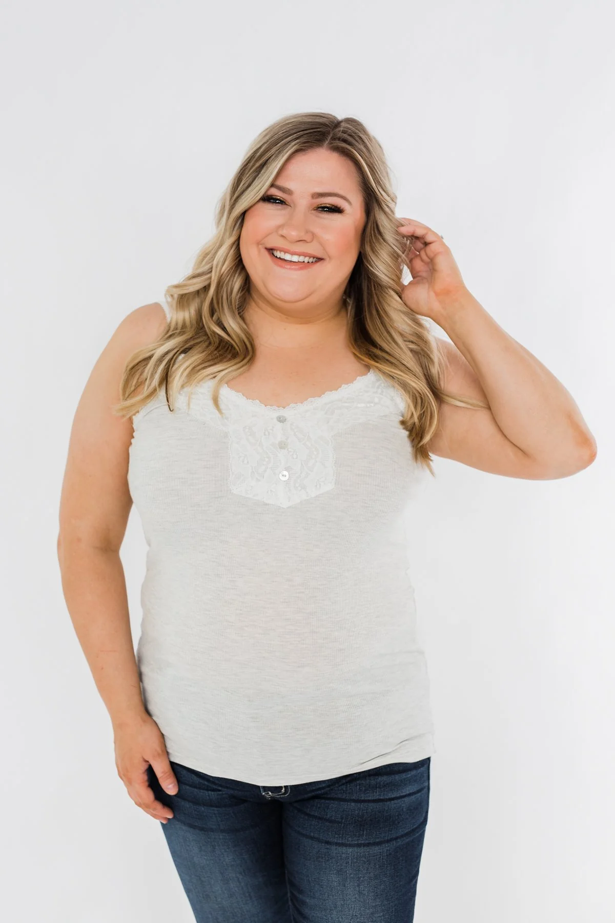 Pulse Basics Lace Trim Button Tank- Light Heather Grey - Image 6