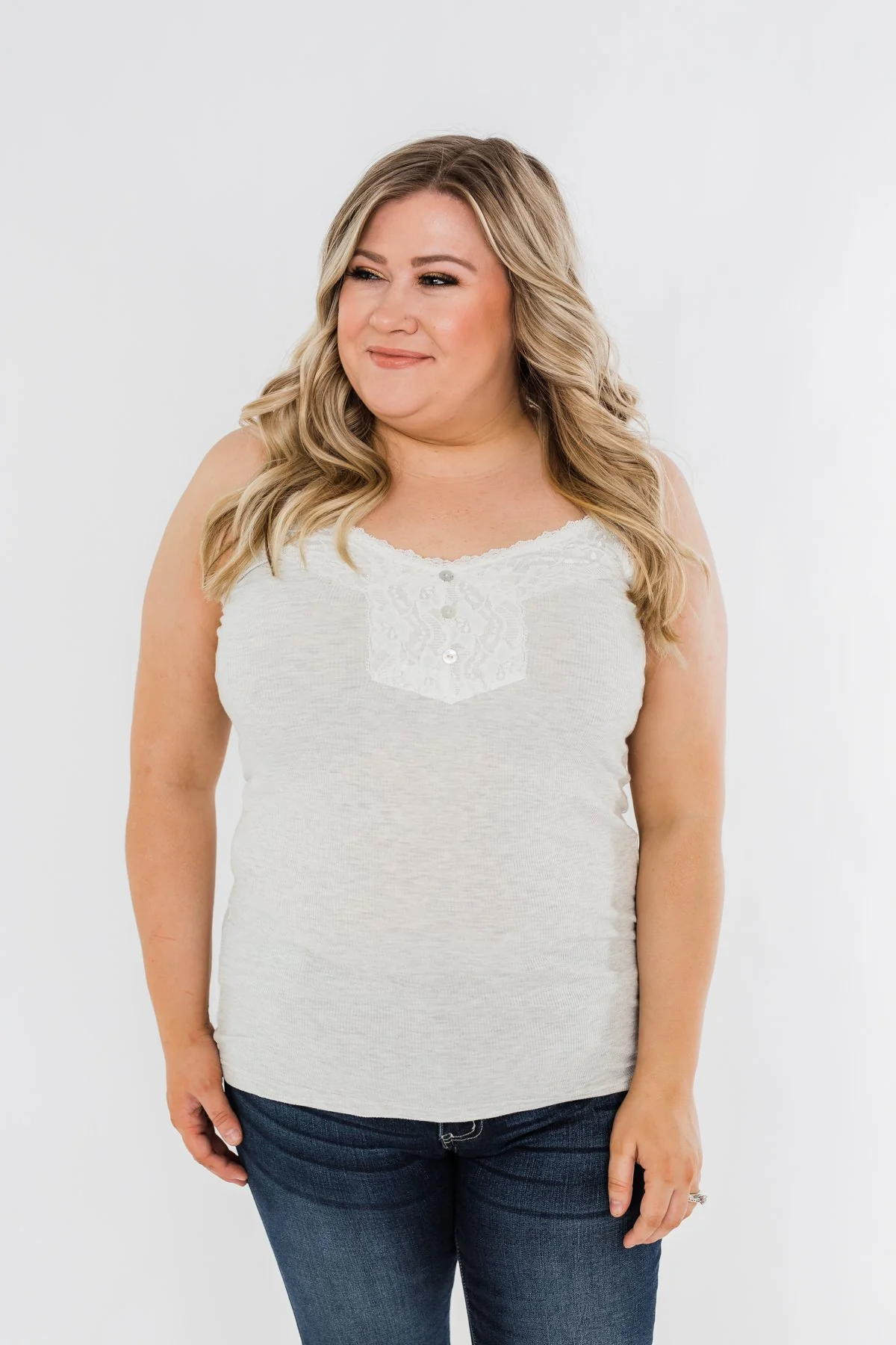 Pulse Basics Lace Trim Button Tank- Light Heather Grey - Image 7