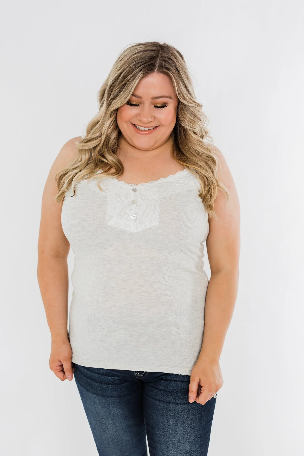 Pulse Basics Lace Trim Button Tank- Light Heather Grey - Image 8