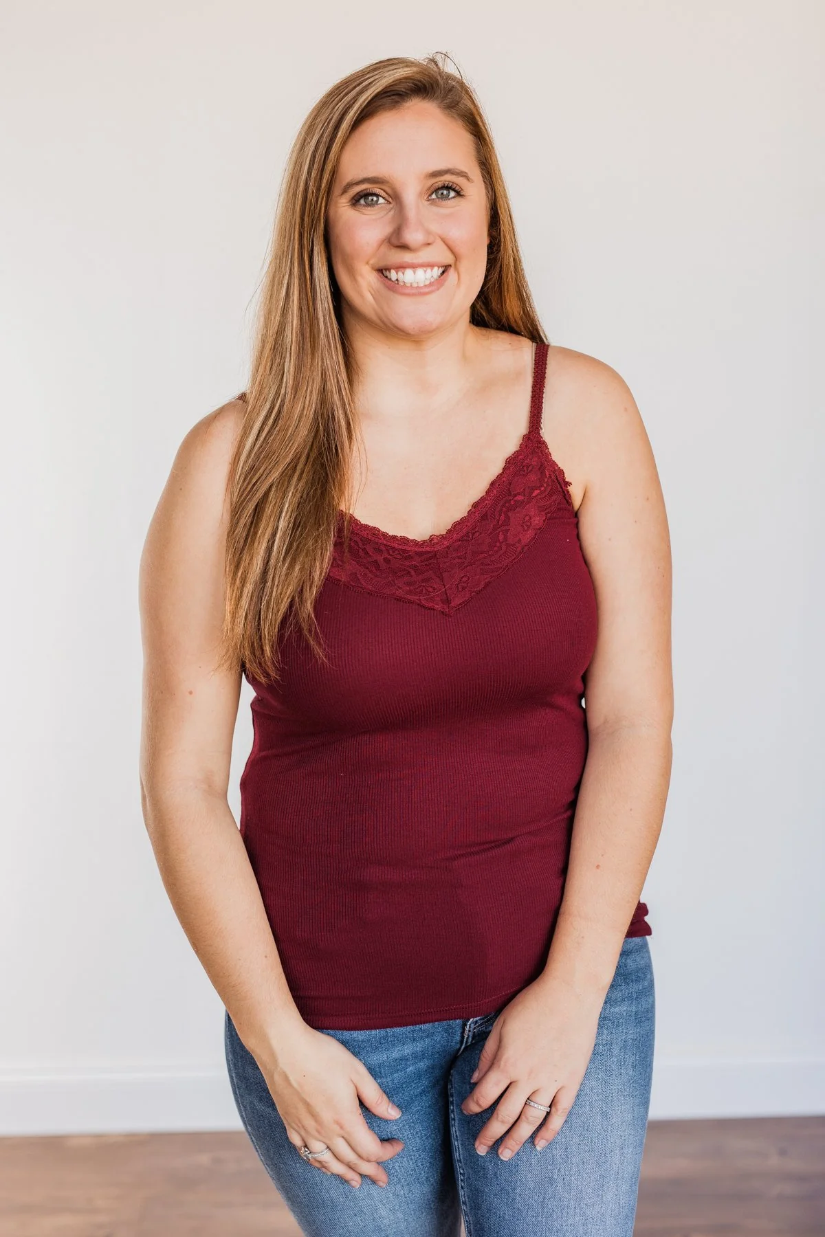 Pulse Basics Lace Trimmed Tank Top- Burgundy - Image 3