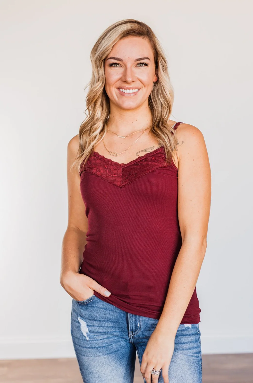 Pulse Basics Lace Trimmed Tank Top- Burgundy - Image 4