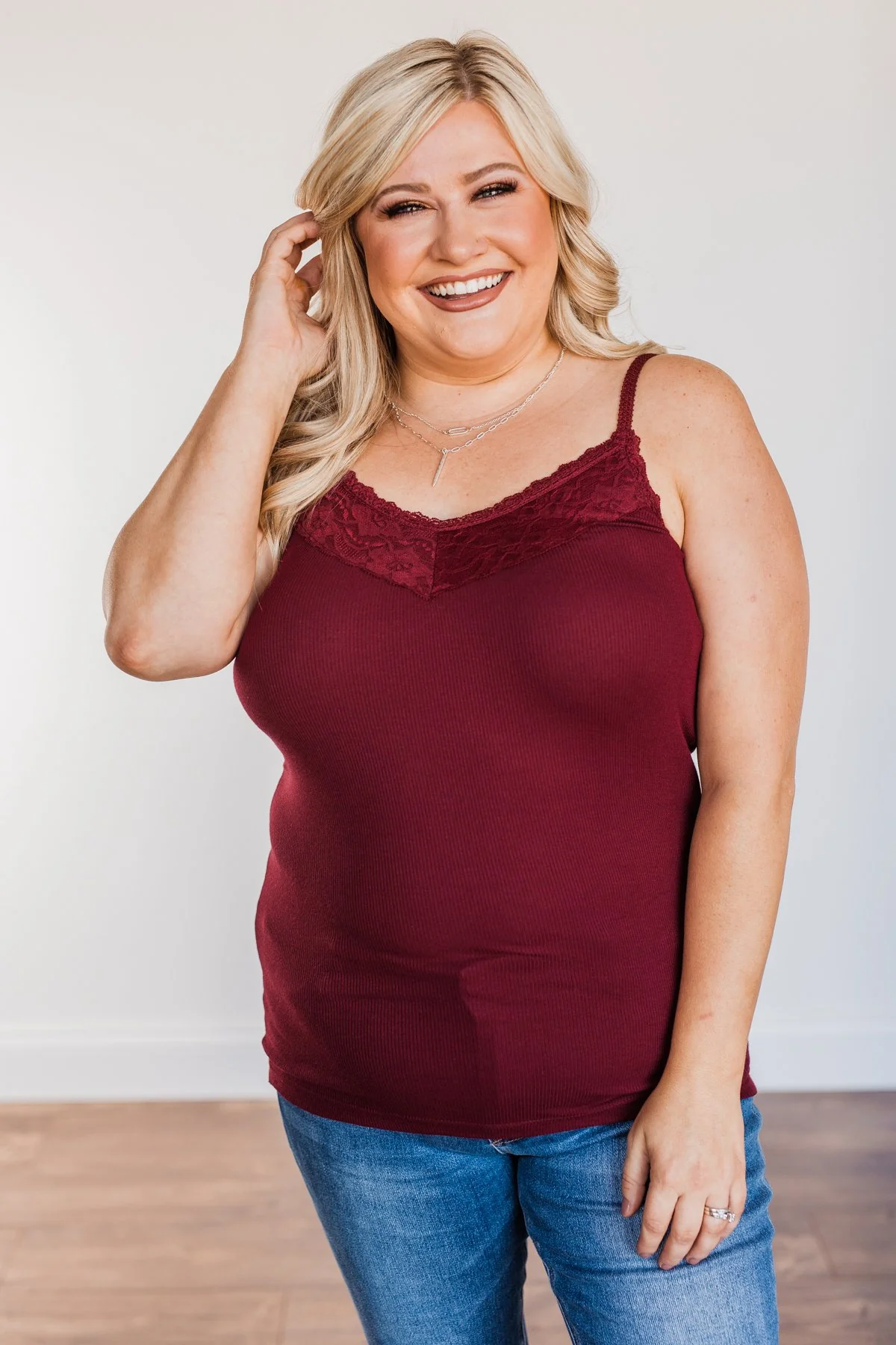 Pulse Basics Lace Trimmed Tank Top- Burgundy - Image 5