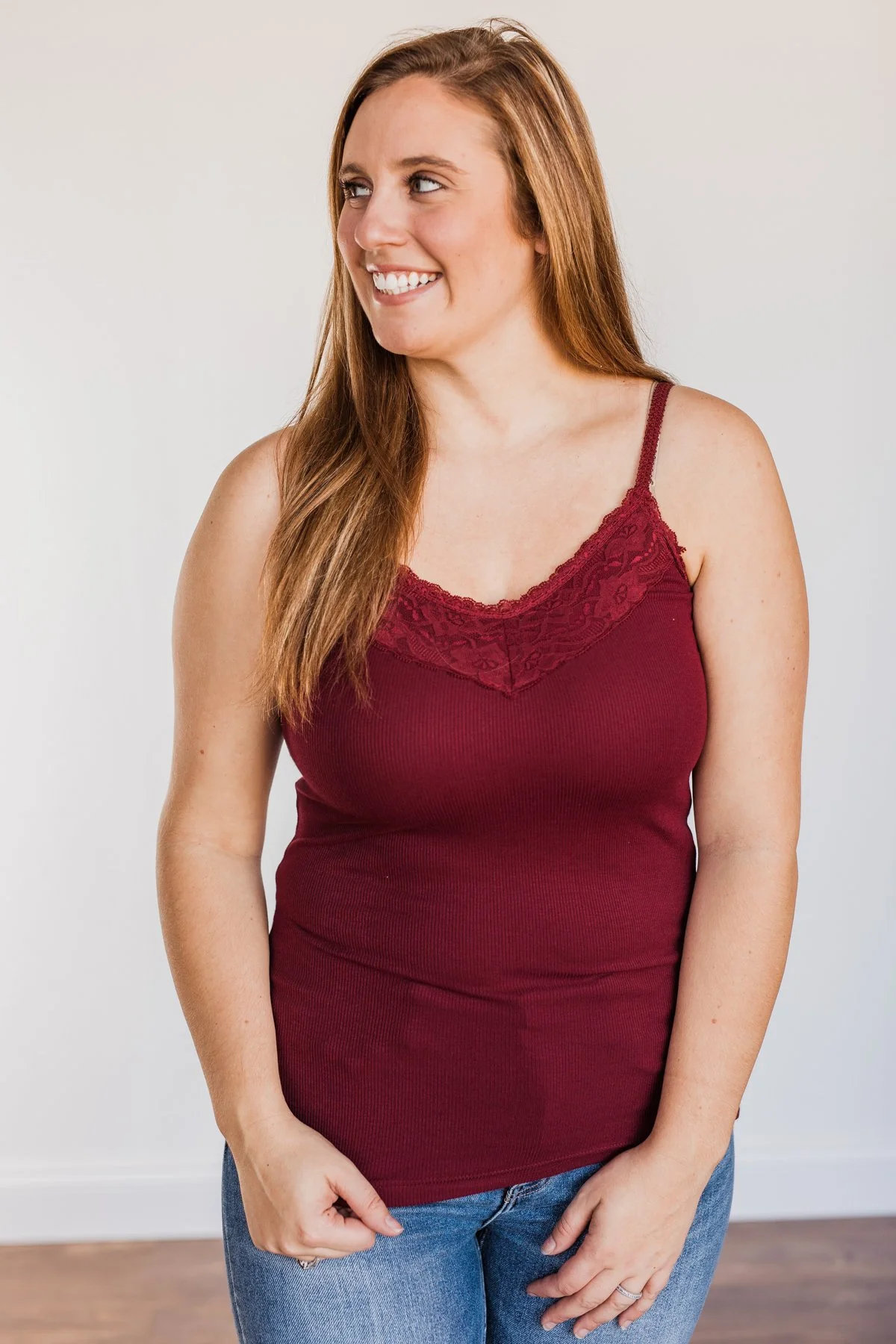 Pulse Basics Lace Trimmed Tank Top- Burgundy - Image 6