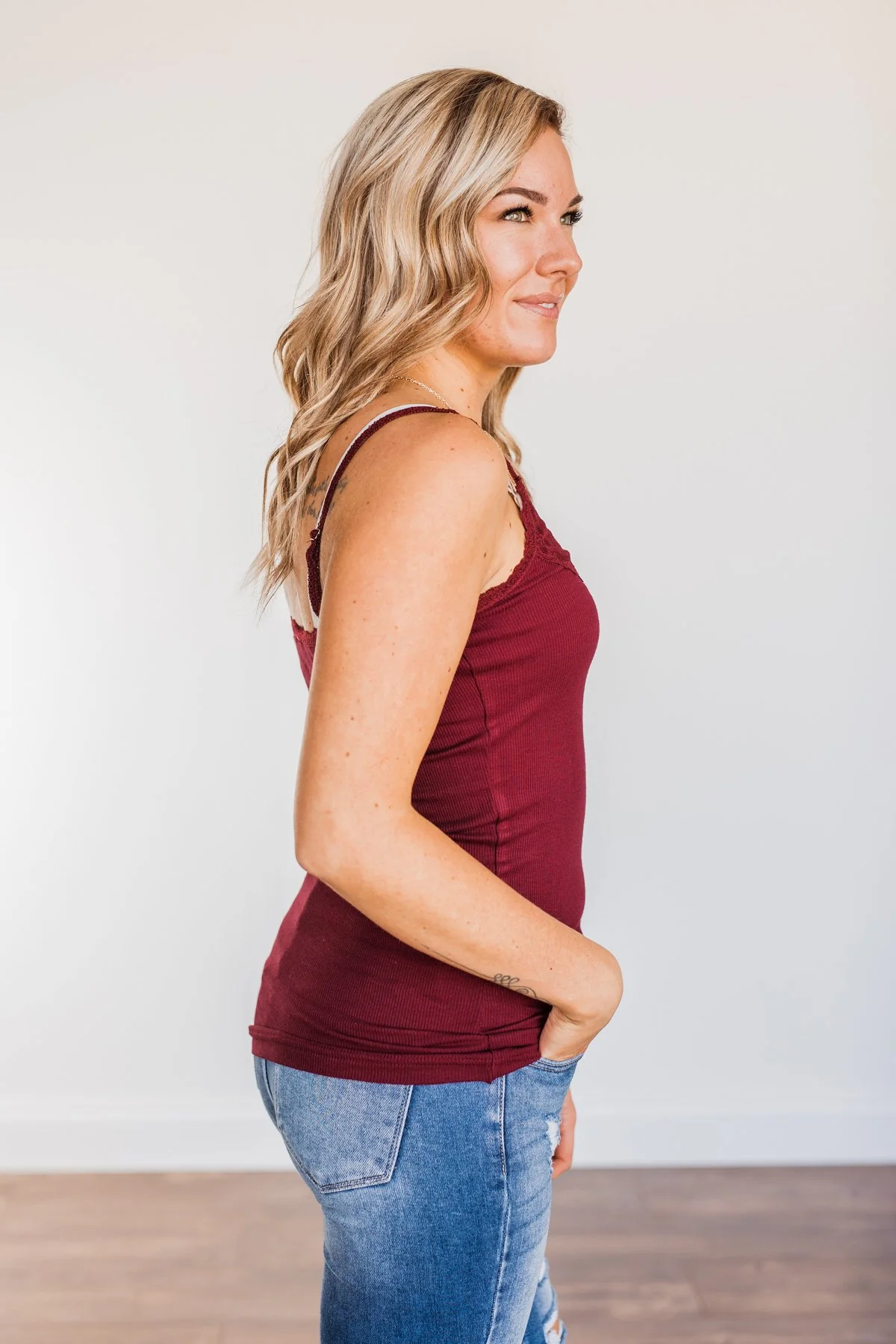 Pulse Basics Lace Trimmed Tank Top- Burgundy - Image 7