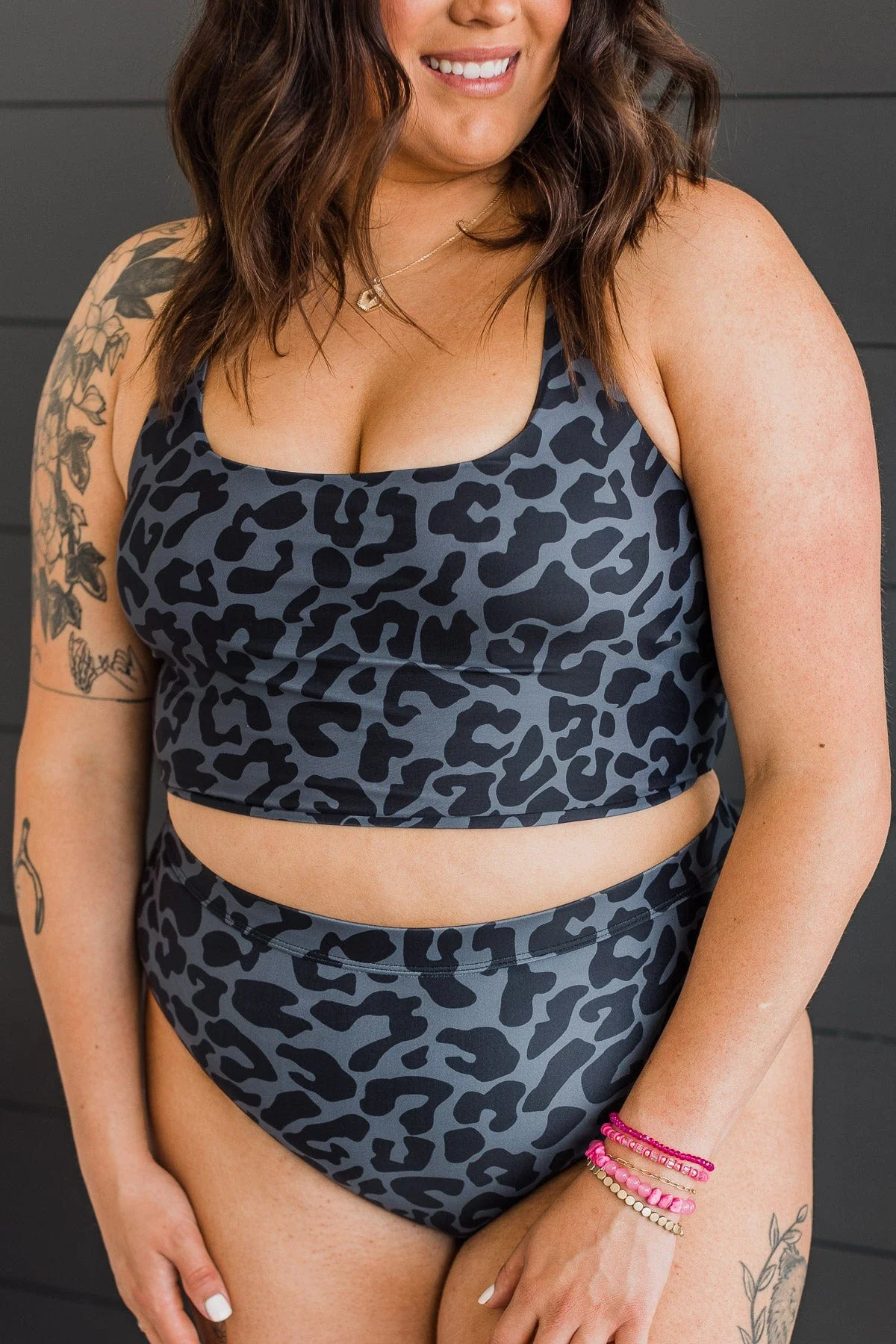 Sandy Shores High-Rise Swim Bottoms- Charcoal Leopard - Image 9