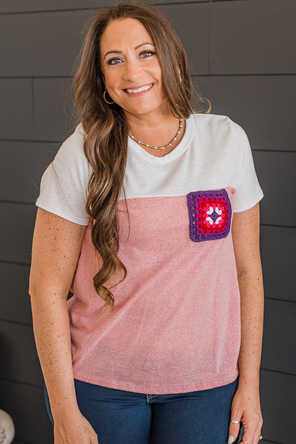Simple Beauty Crochet Pocket Top- Ivory & Pink - Image 3
