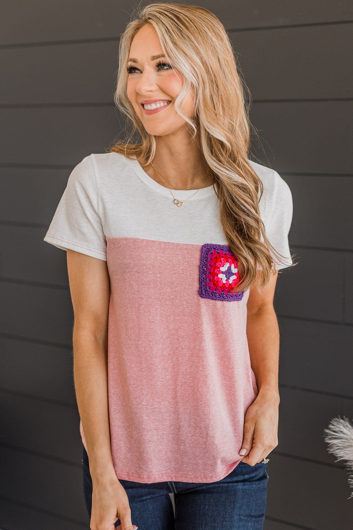 Simple Beauty Crochet Pocket Top- Ivory & Pink - Image 4