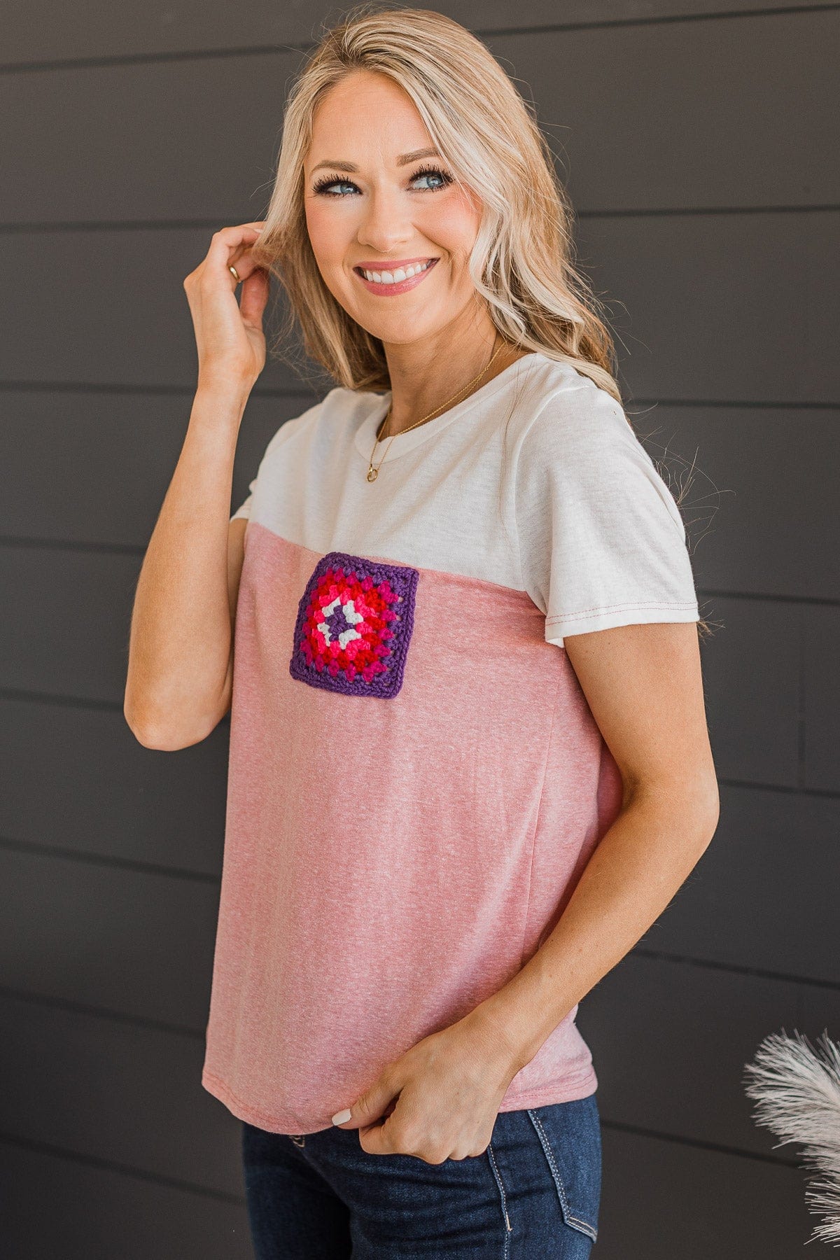 Simple Beauty Crochet Pocket Top- Ivory & Pink - Image 6