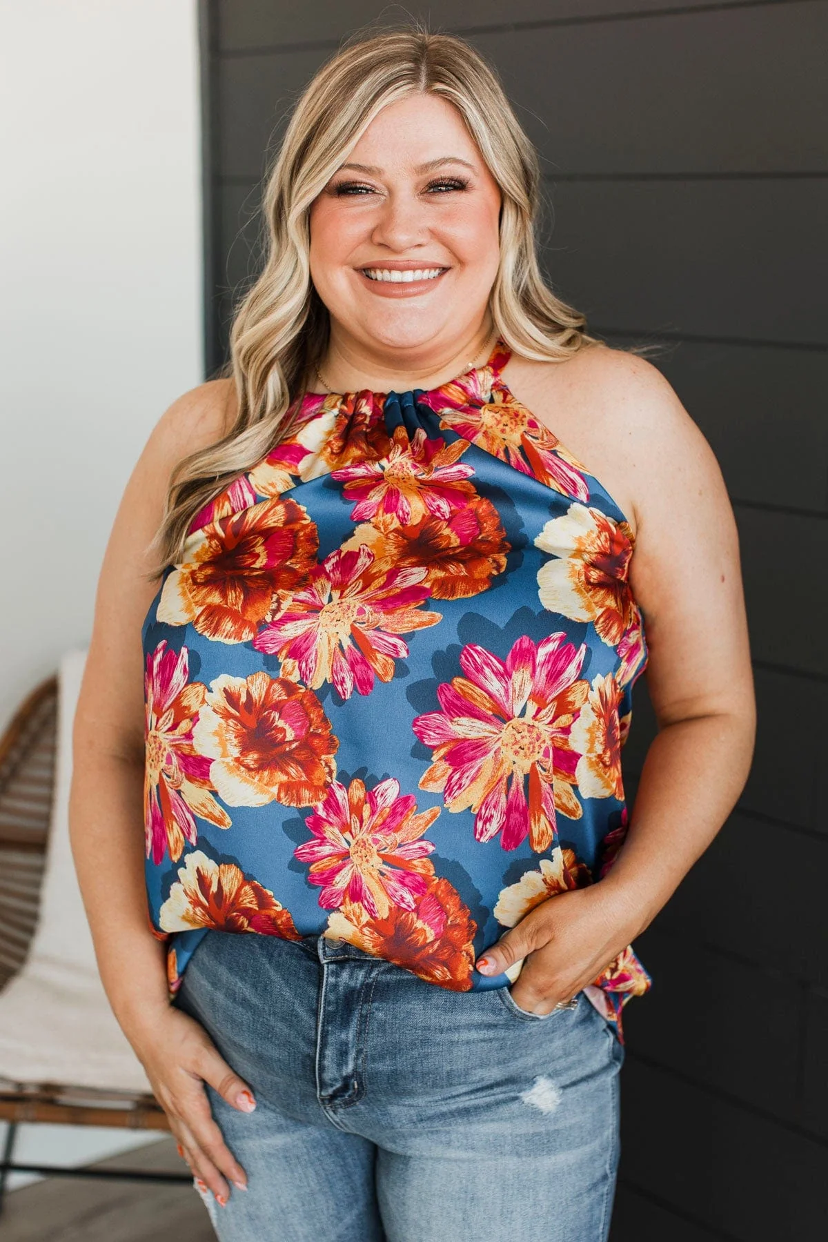 Soaring Above The Clouds Floral Tank Top- Navy - Image 3