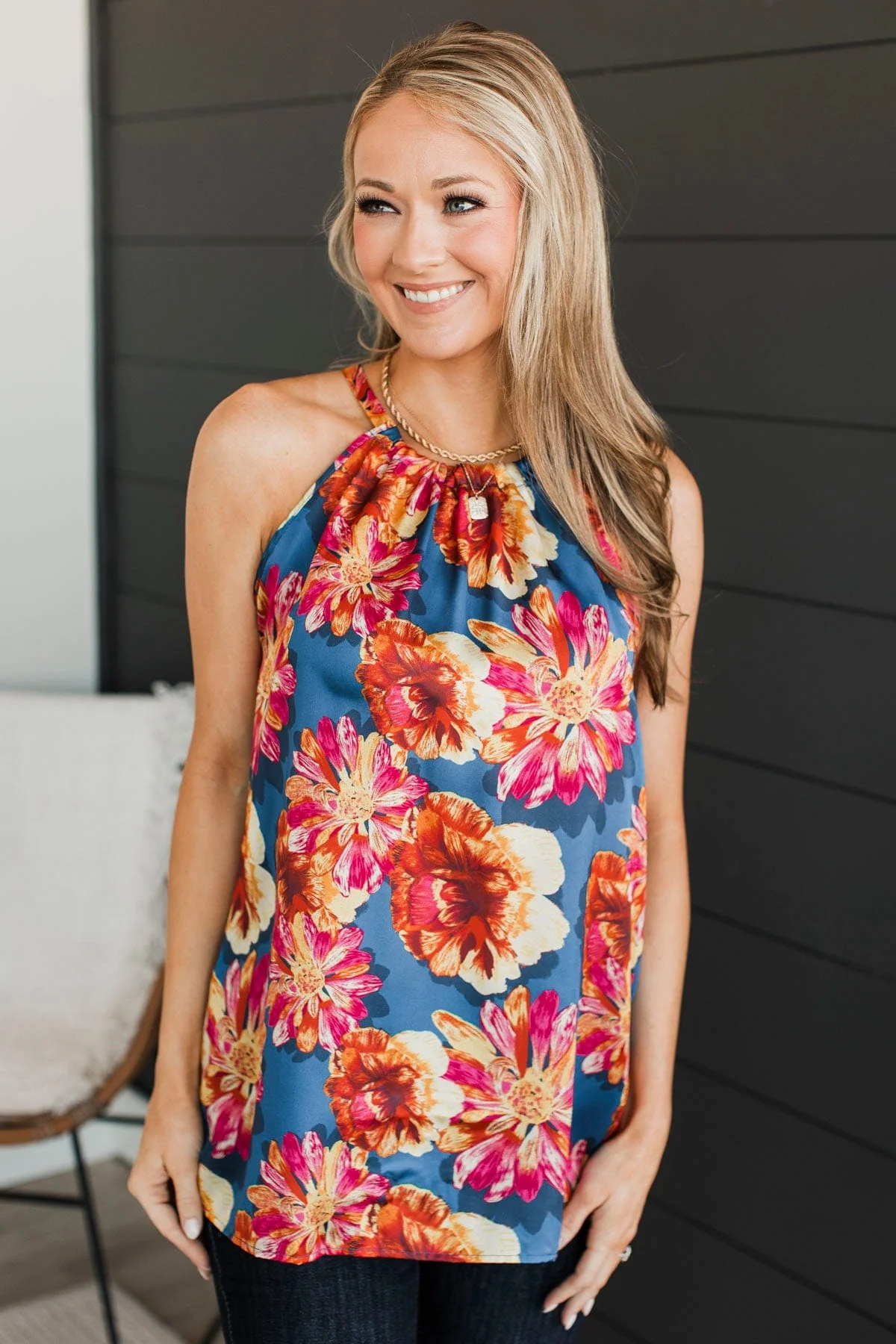 Soaring Above The Clouds Floral Tank Top- Navy - Image 4