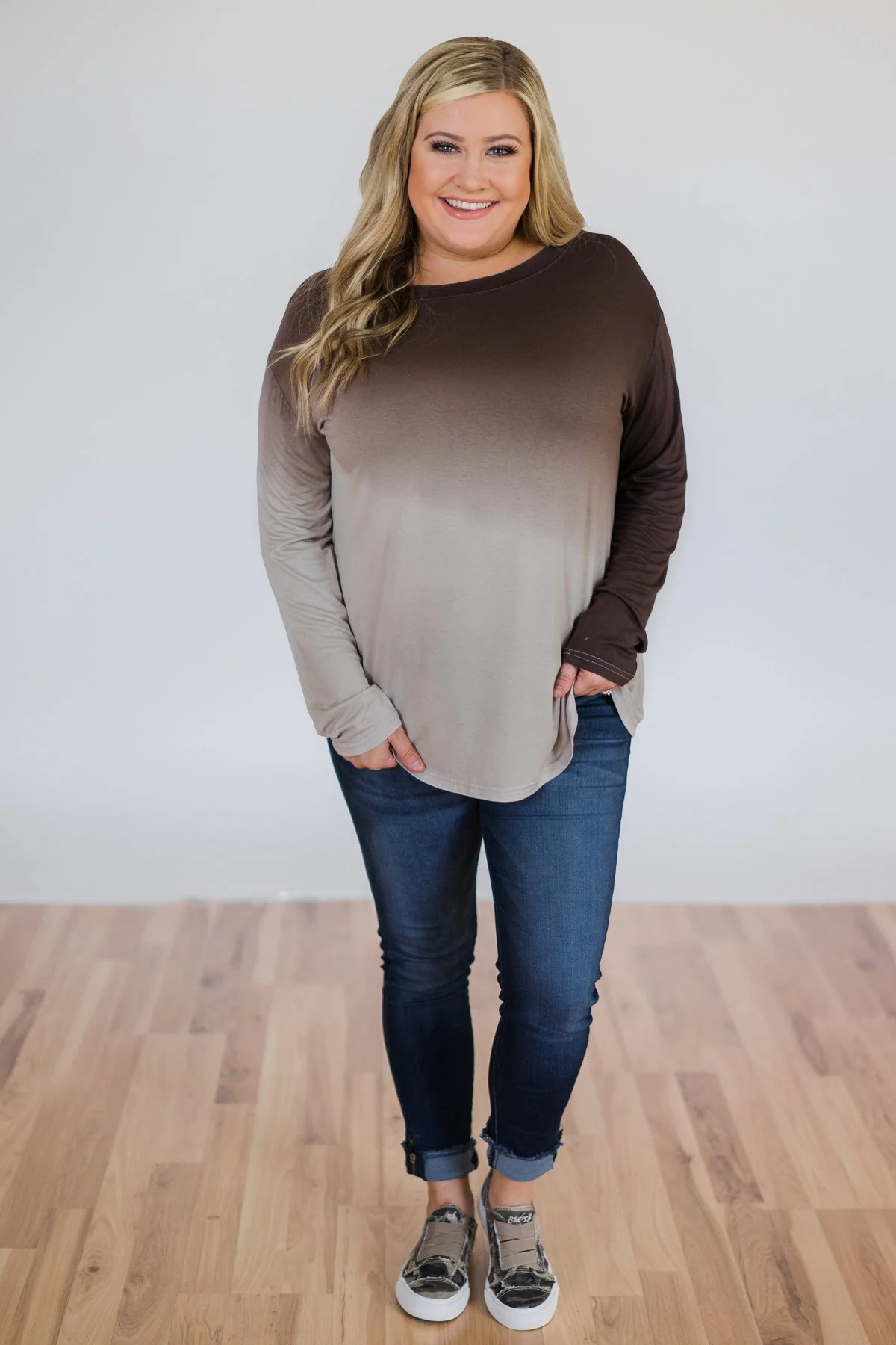 Taking it Easy Ombre Long Sleeve Top- Brown - Image 3