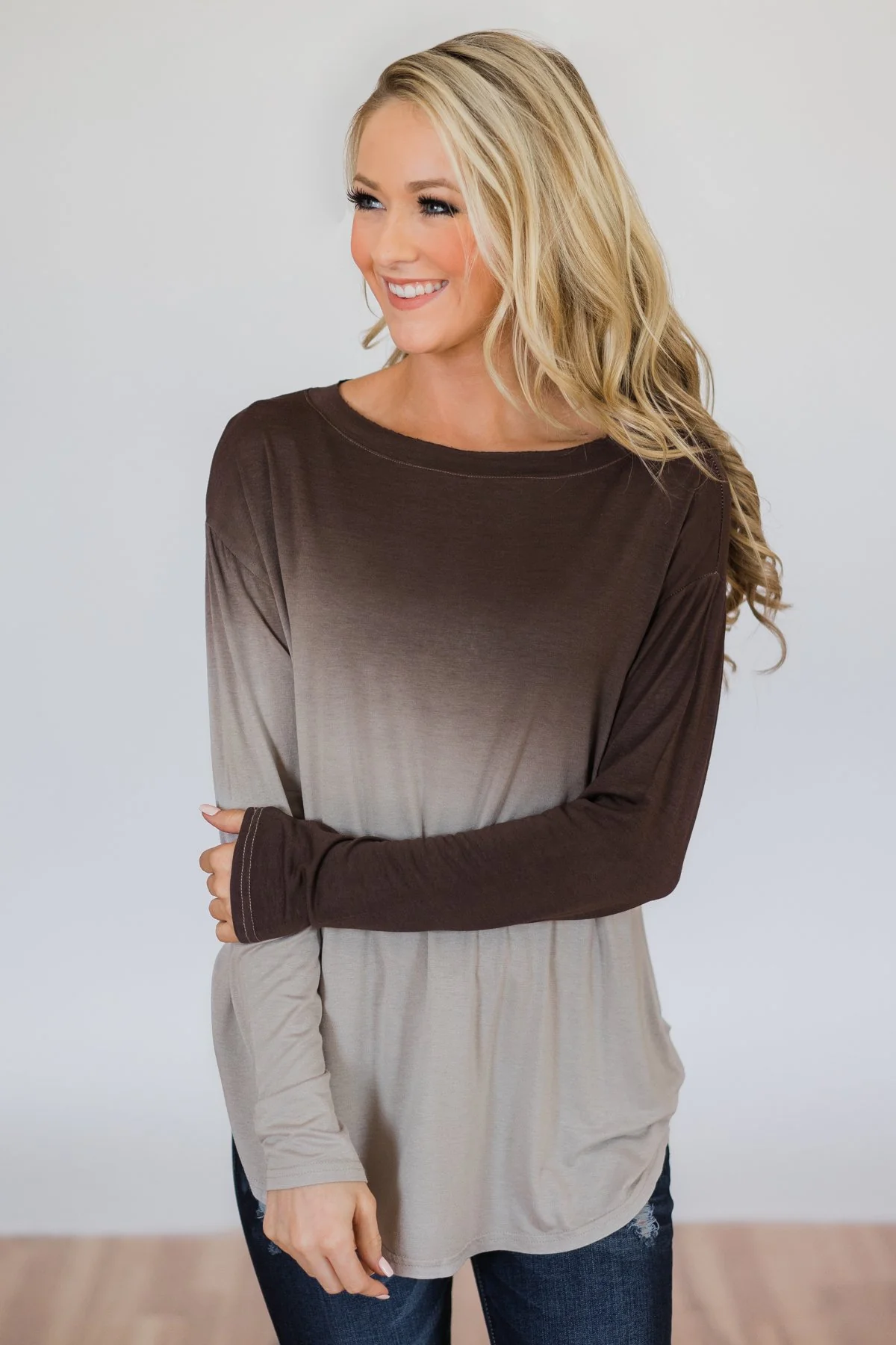 Taking it Easy Ombre Long Sleeve Top- Brown - Image 4