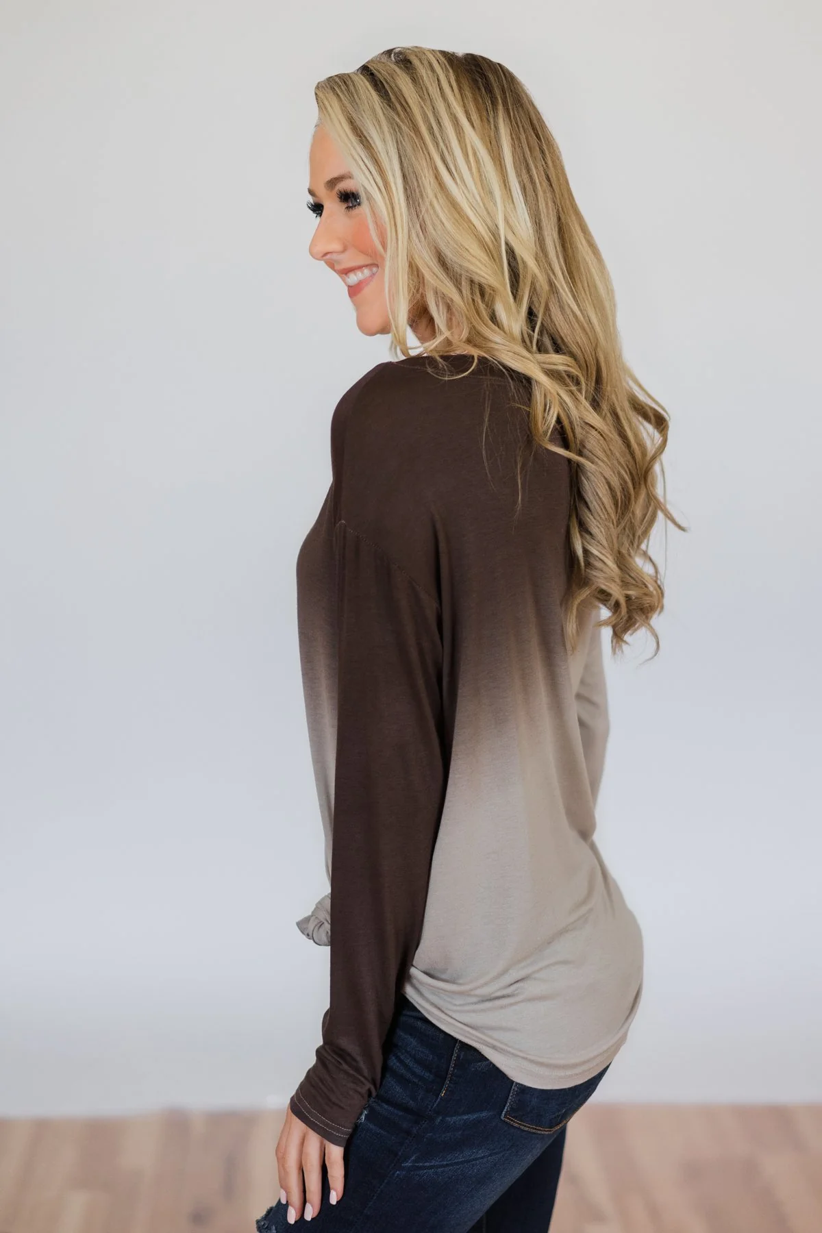 Taking it Easy Ombre Long Sleeve Top- Brown - Image 7