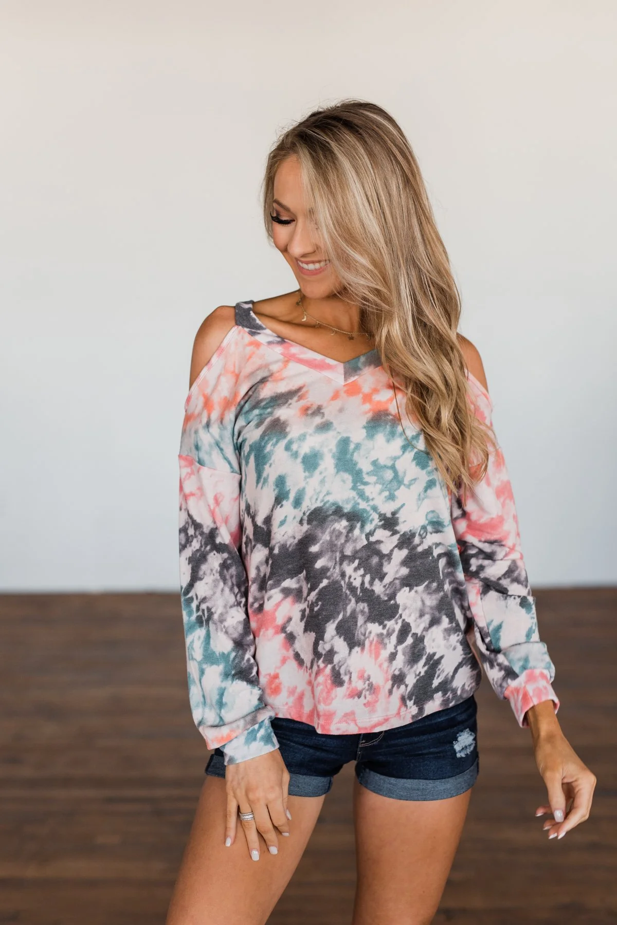 That's The Way Tie Dye Cold Shoulder Top- Multi - Image 3
