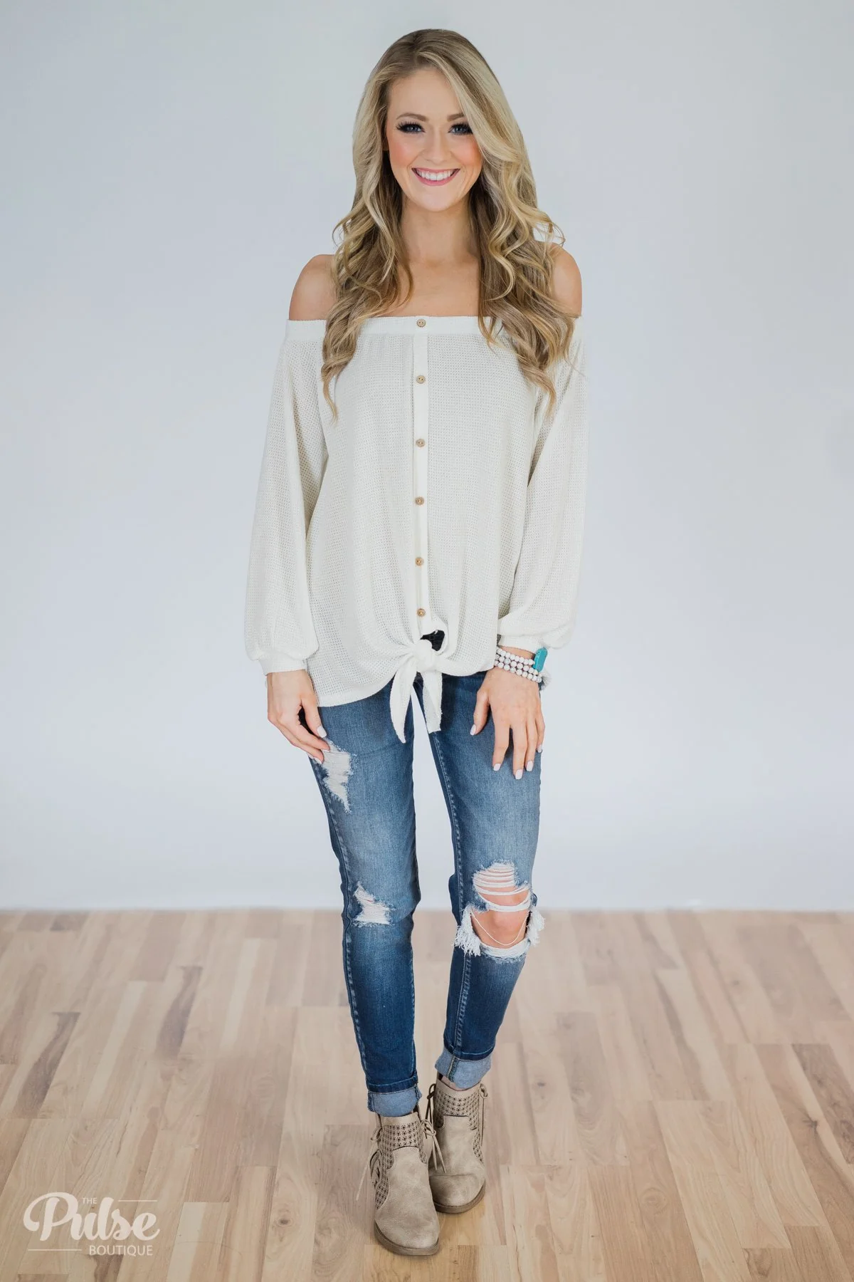 Thermal Off the Shoulder Button Top- Ivory - Image 3