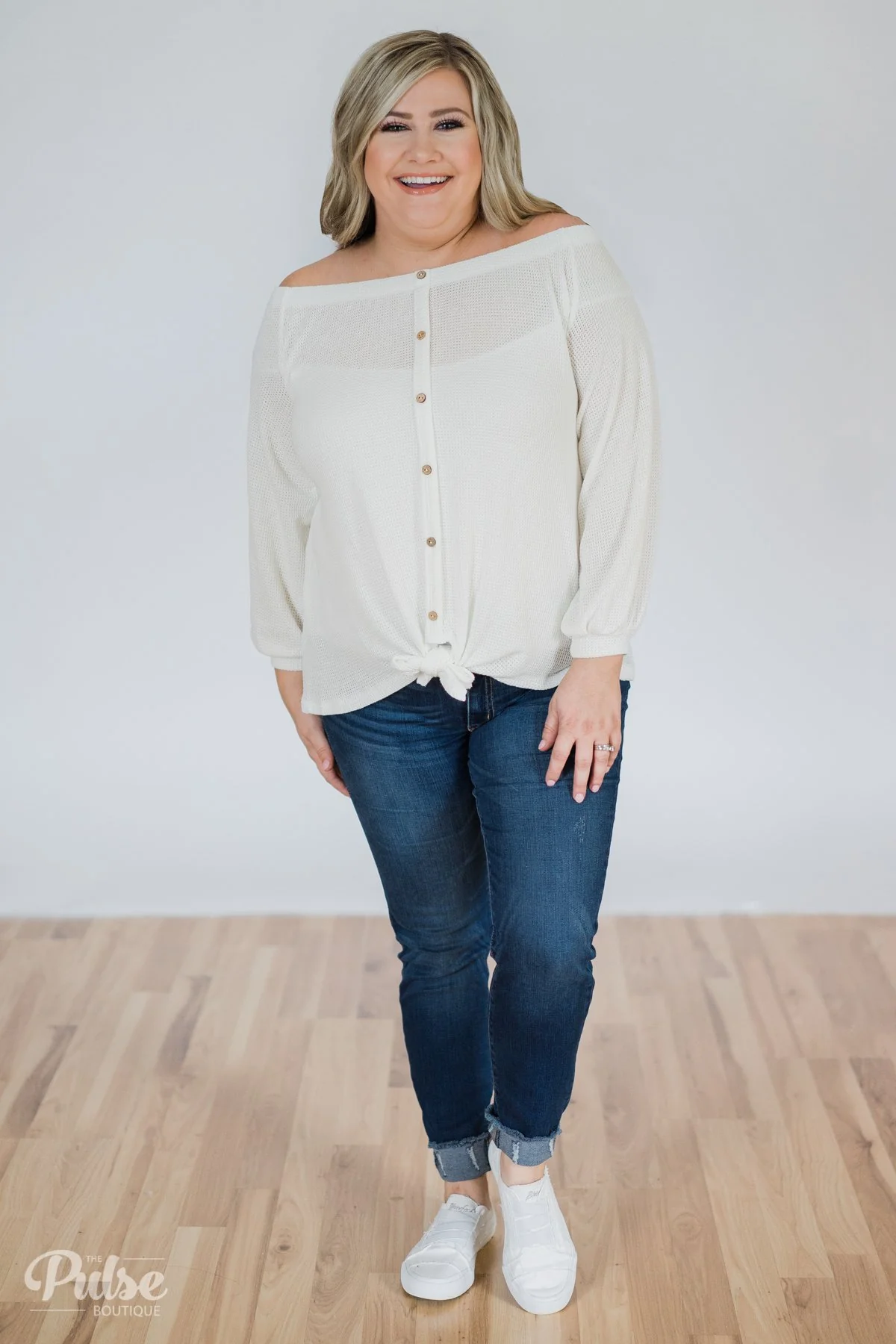 Thermal Off the Shoulder Button Top- Ivory - Image 4
