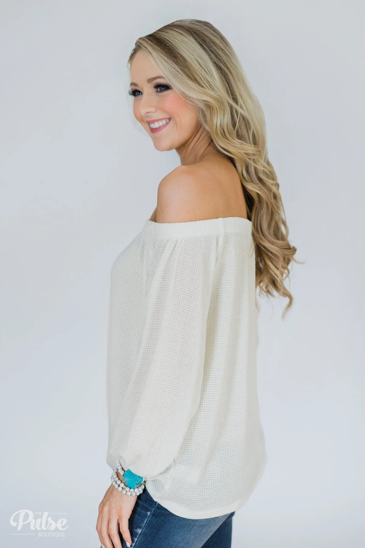 Thermal Off the Shoulder Button Top- Ivory - Image 6