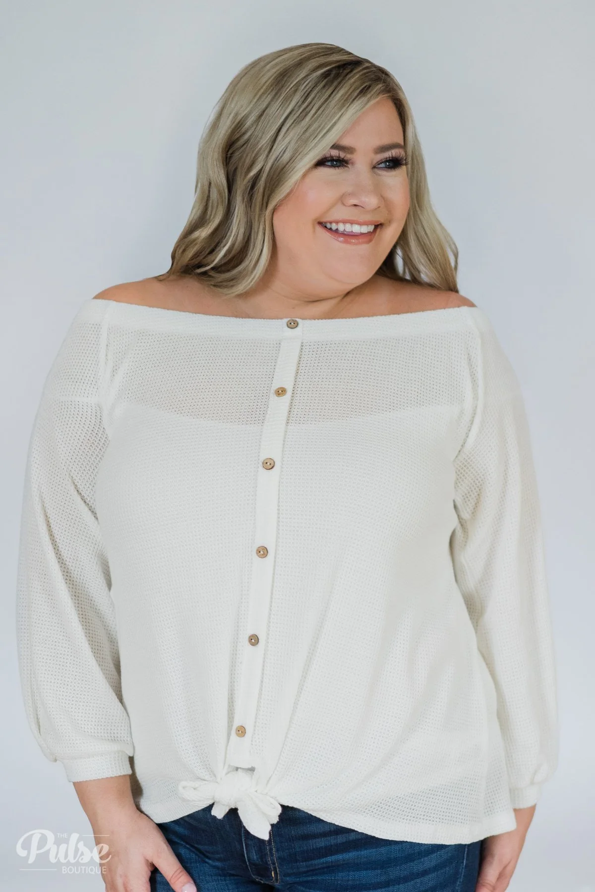 Thermal Off the Shoulder Button Top- Ivory - Image 8