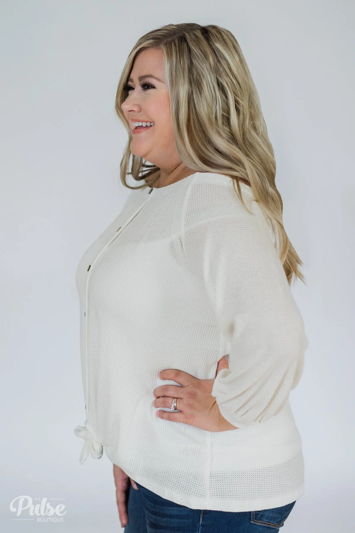 Thermal Off the Shoulder Button Top- Ivory - Image 9