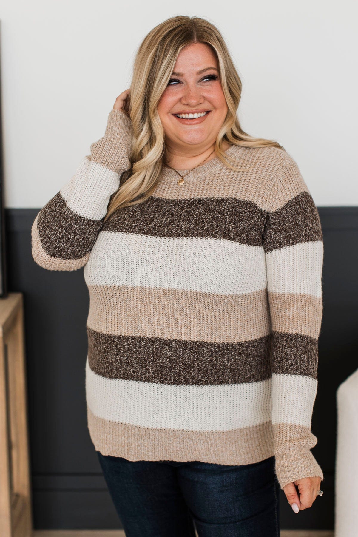 Total Favorite Color Block Sweater- Taupe & Brown - Image 3