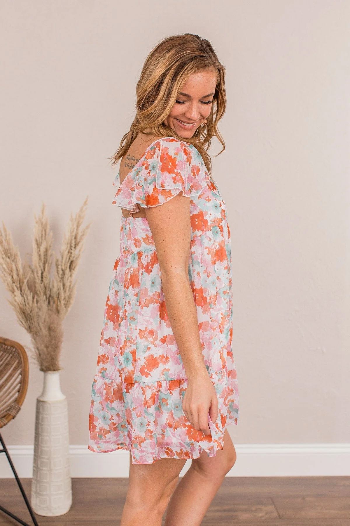 Uplifting Confidence Babydoll Mini Dress- Coral & Green - Image 7