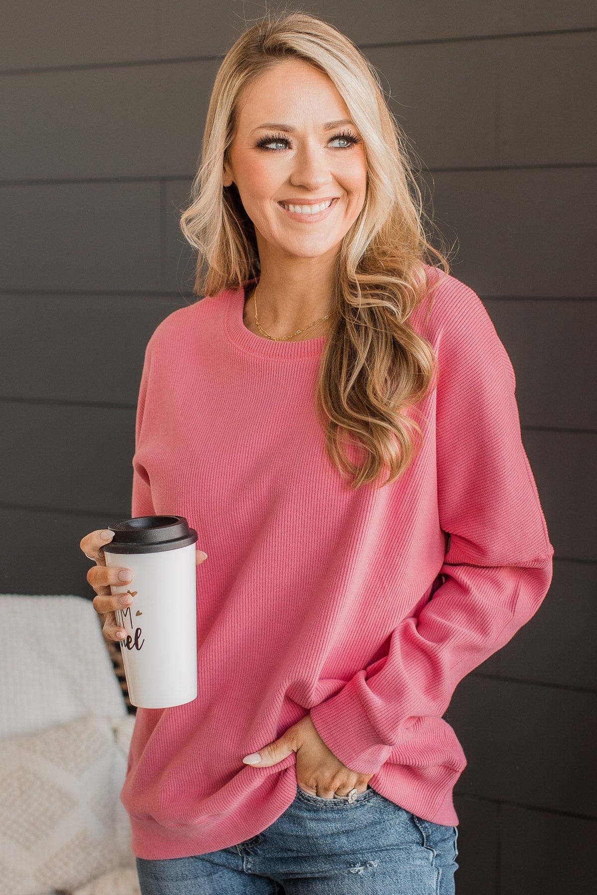 Walk My Way Corduroy Knit Crew Neck- Pink - Image 3