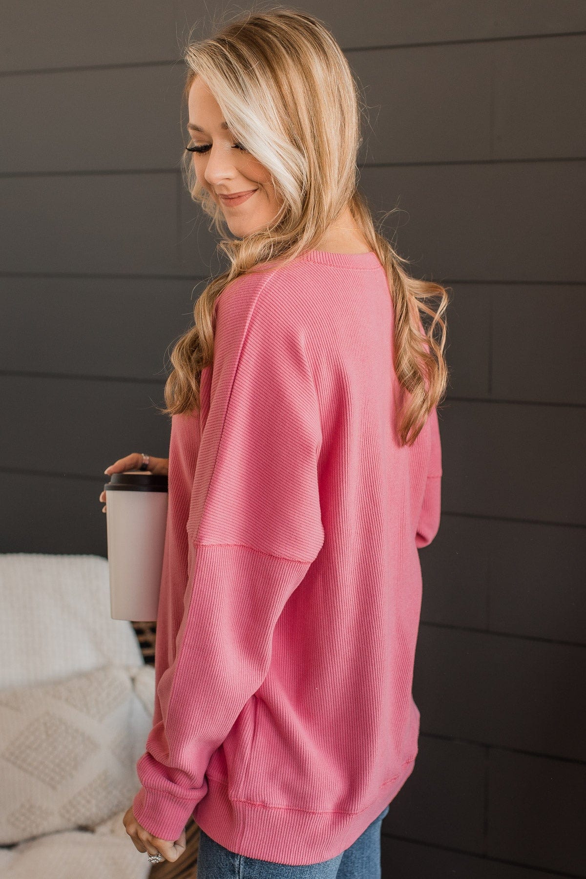 Walk My Way Corduroy Knit Crew Neck- Pink - Image 6