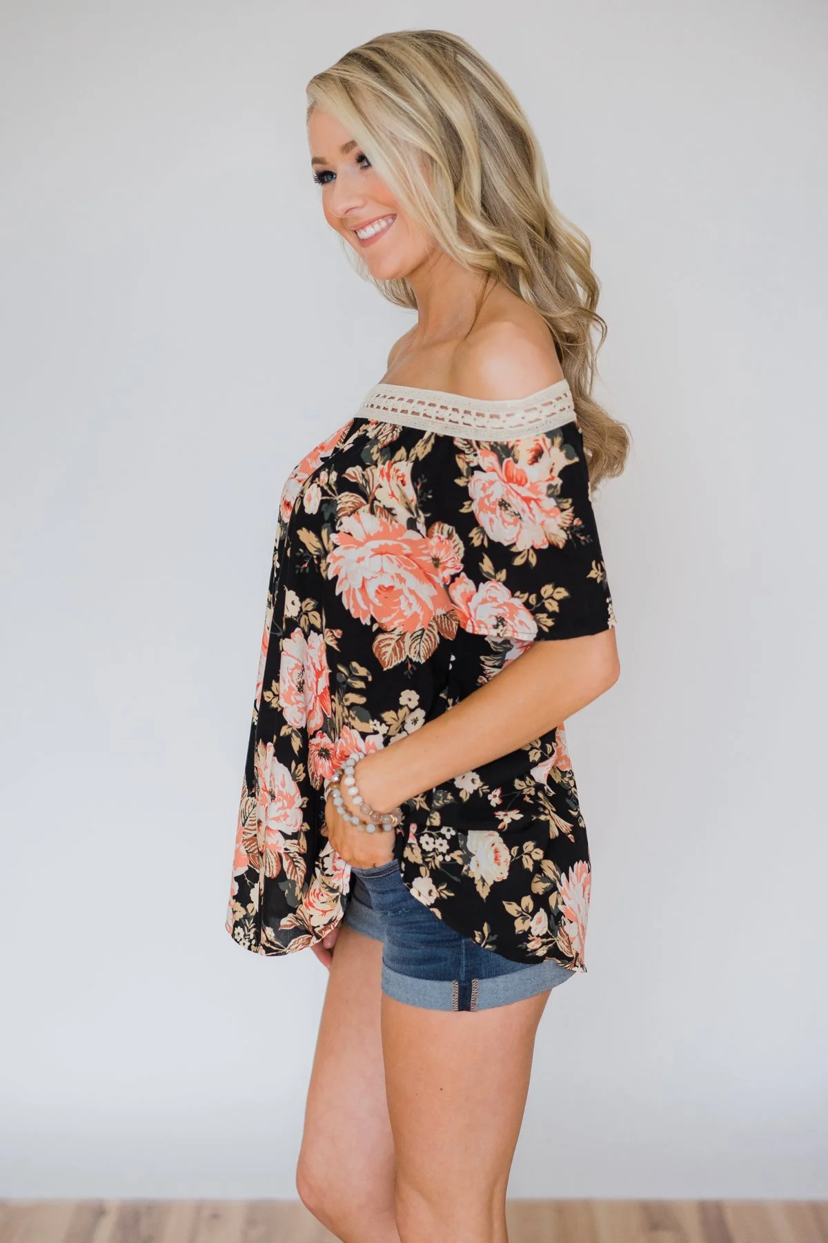 Woven Into Perfection Off the Shoulder Floral Top- Black - Image 3