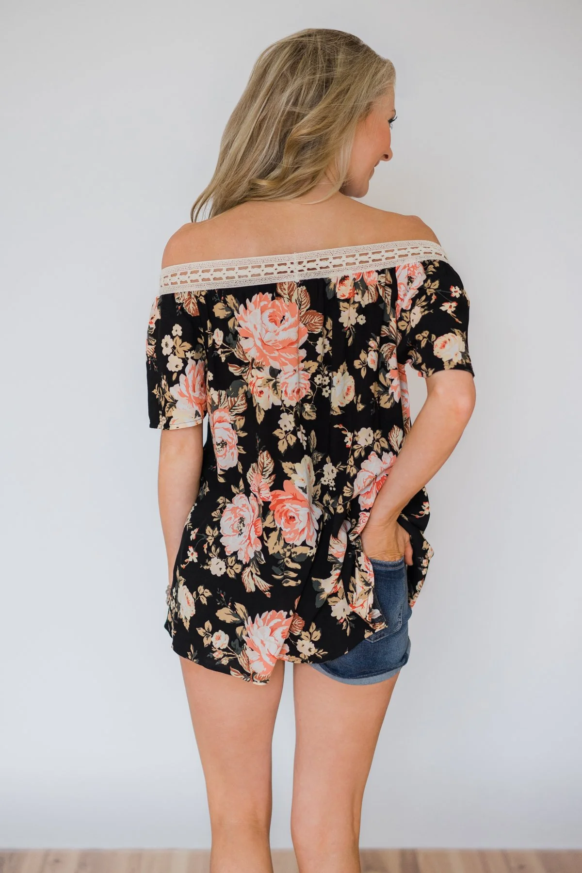 Woven Into Perfection Off the Shoulder Floral Top- Black - Image 5