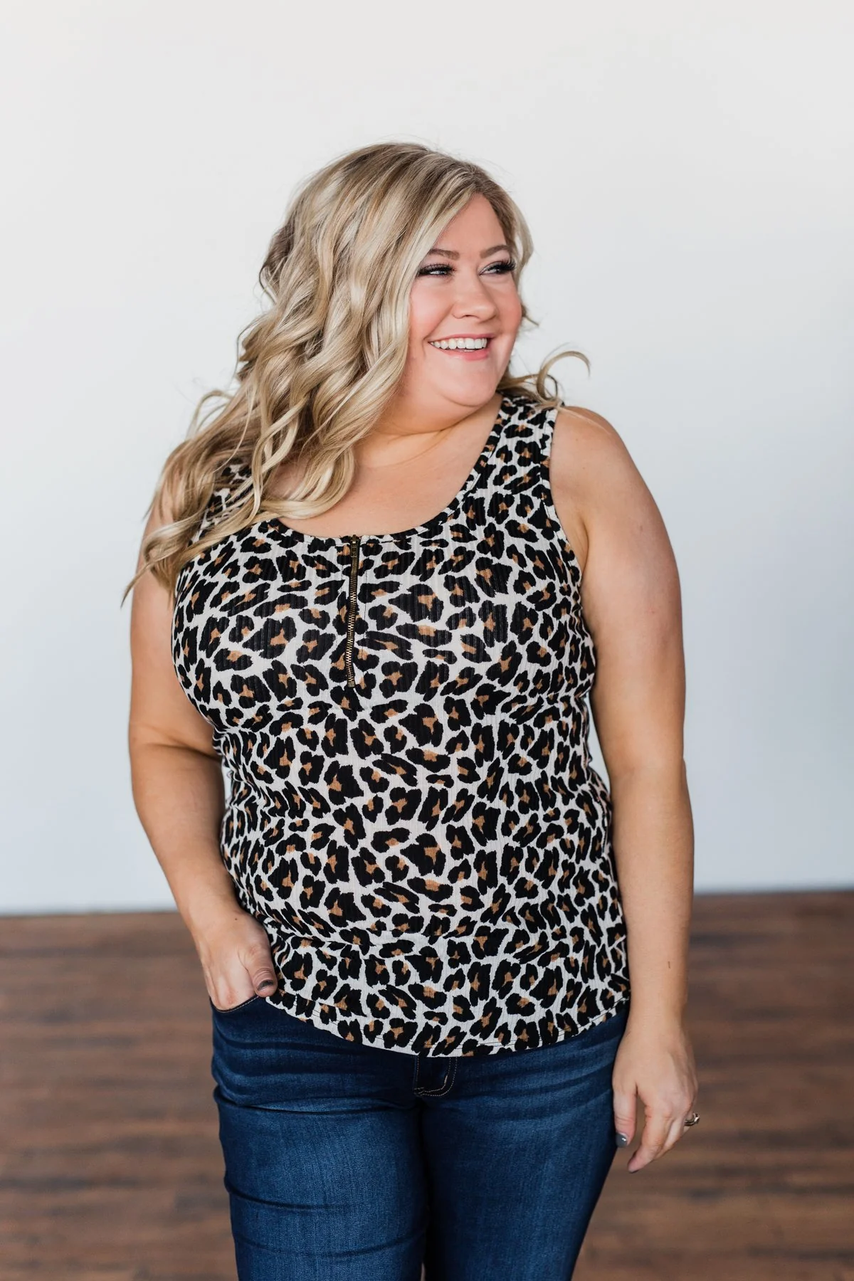 Zipper Henley Tank Top- Neutral Leopard - Image 3
