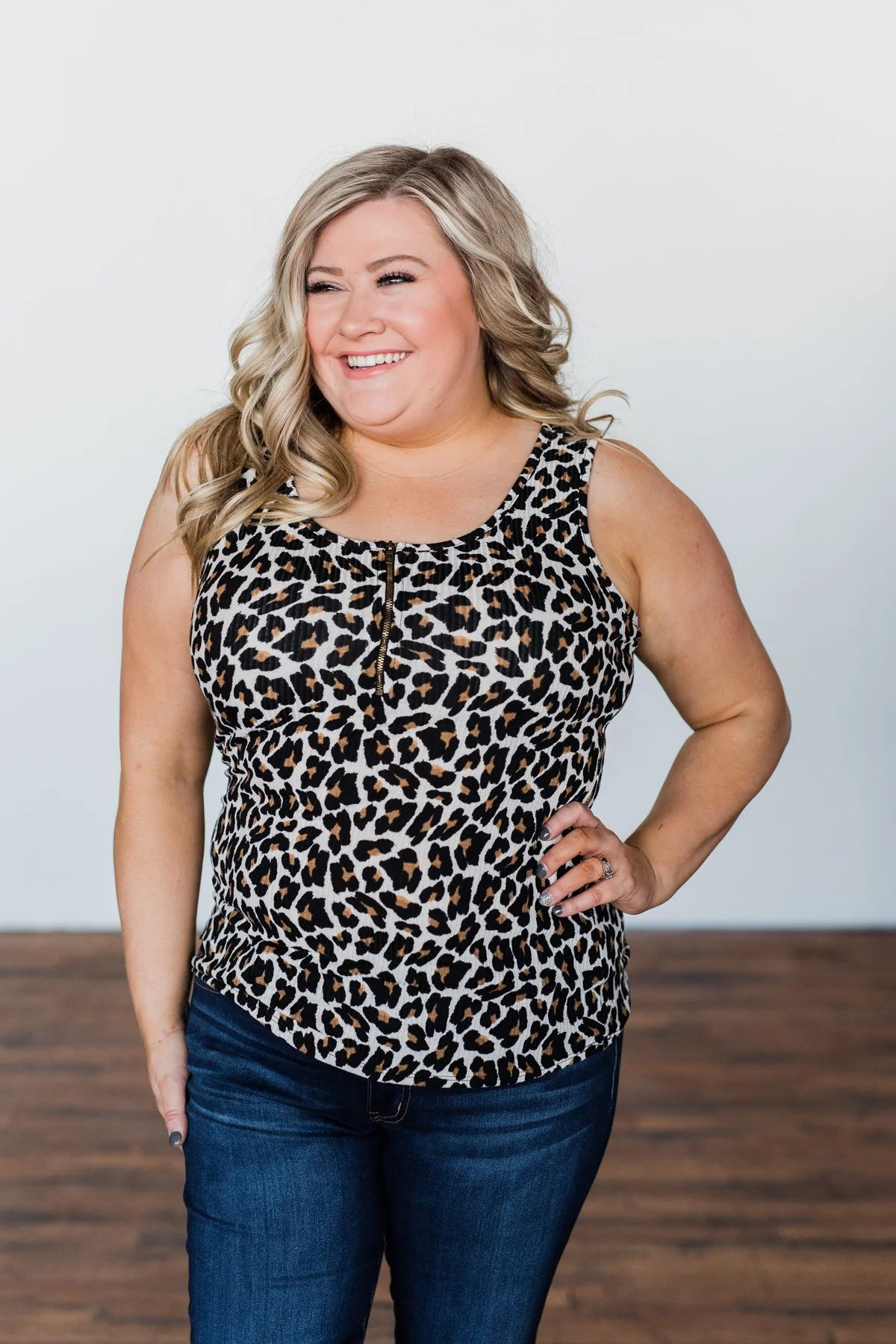 Zipper Henley Tank Top- Neutral Leopard - Image 6